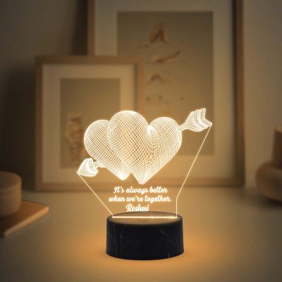 3D Double Heart Led Night Lamp with Warm White Color Customized with Any Name and Text Gift for Anniversary